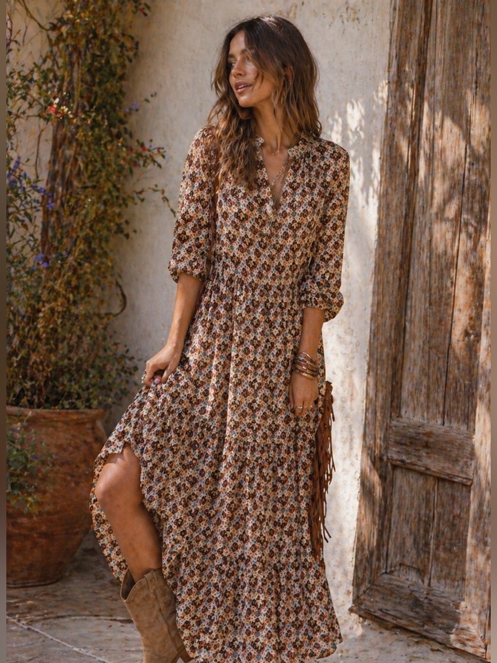 Listicle Piper Scoot Lisette Tiered Maxi Dress Floral Boho Long Sleeve M NWT